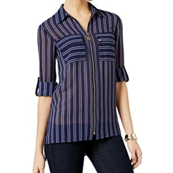 NWT Michael Kors Full Zip Utility Blouse Top Navy - Picture 1 of 8